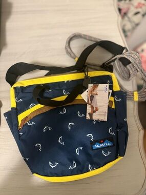 Kavu Navy Tote with Yellow Accent and Fish Print